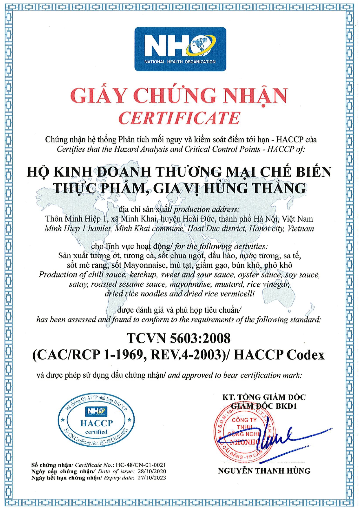 Chứng nhận HACCP - Gia Vị Hùng Thắng - Công Ty TNHH XNK & Sản Xuất Thương Mại Hùng Thắng